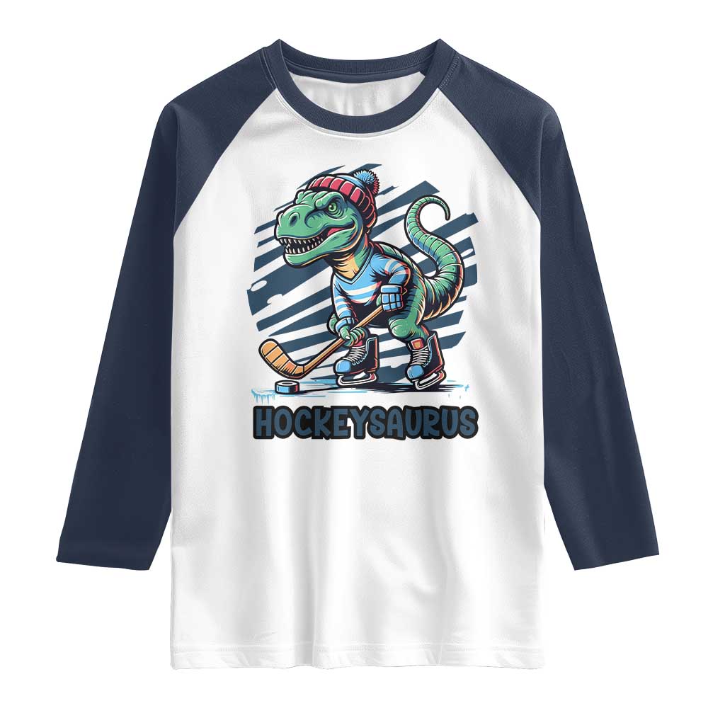 Funny Dinosaur Playing Ice Hockey Raglan Shirt Hockeysaurus Gift For Kids - Wonder Print Shop