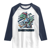 Funny Dinosaur Playing Ice Hockey Raglan Shirt Hockeysaurus Gift For Kids - Wonder Print Shop