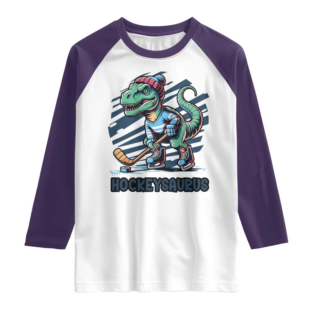 Funny Dinosaur Playing Ice Hockey Raglan Shirt Hockeysaurus Gift For Kids - Wonder Print Shop