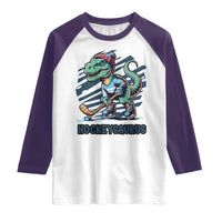 Funny Dinosaur Playing Ice Hockey Raglan Shirt Hockeysaurus Gift For Kids - Wonder Print Shop
