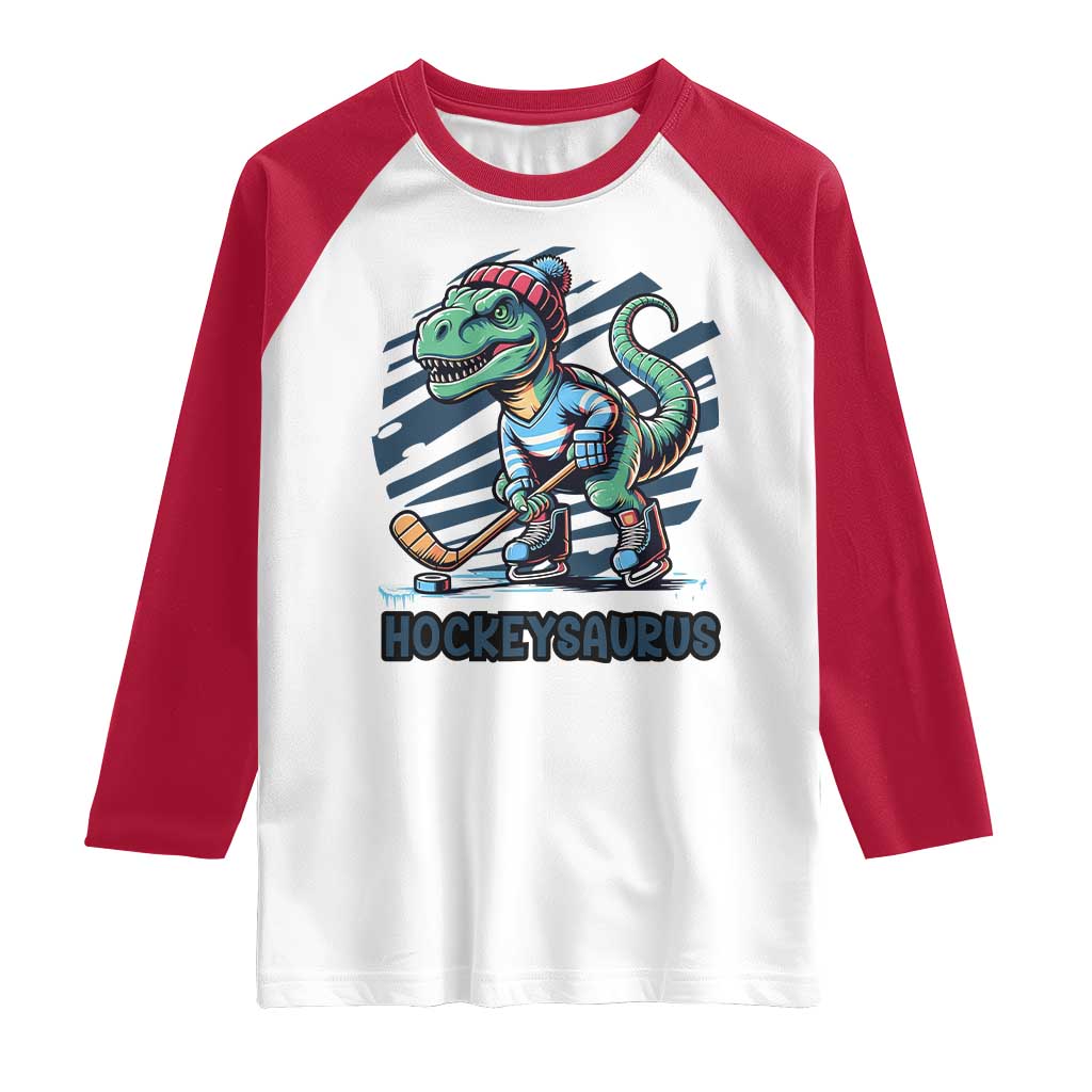 Funny Dinosaur Playing Ice Hockey Raglan Shirt Hockeysaurus Gift For Kids - Wonder Print Shop