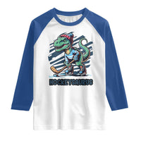 Funny Dinosaur Playing Ice Hockey Raglan Shirt Hockeysaurus Gift For Kids - Wonder Print Shop