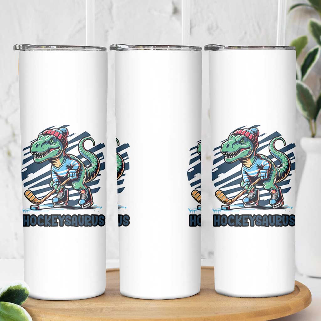 Funny Dinosaur Playing Ice Hockey Skinny Tumbler Hockeysaurus Gift For Kids - Wonder Print Shop