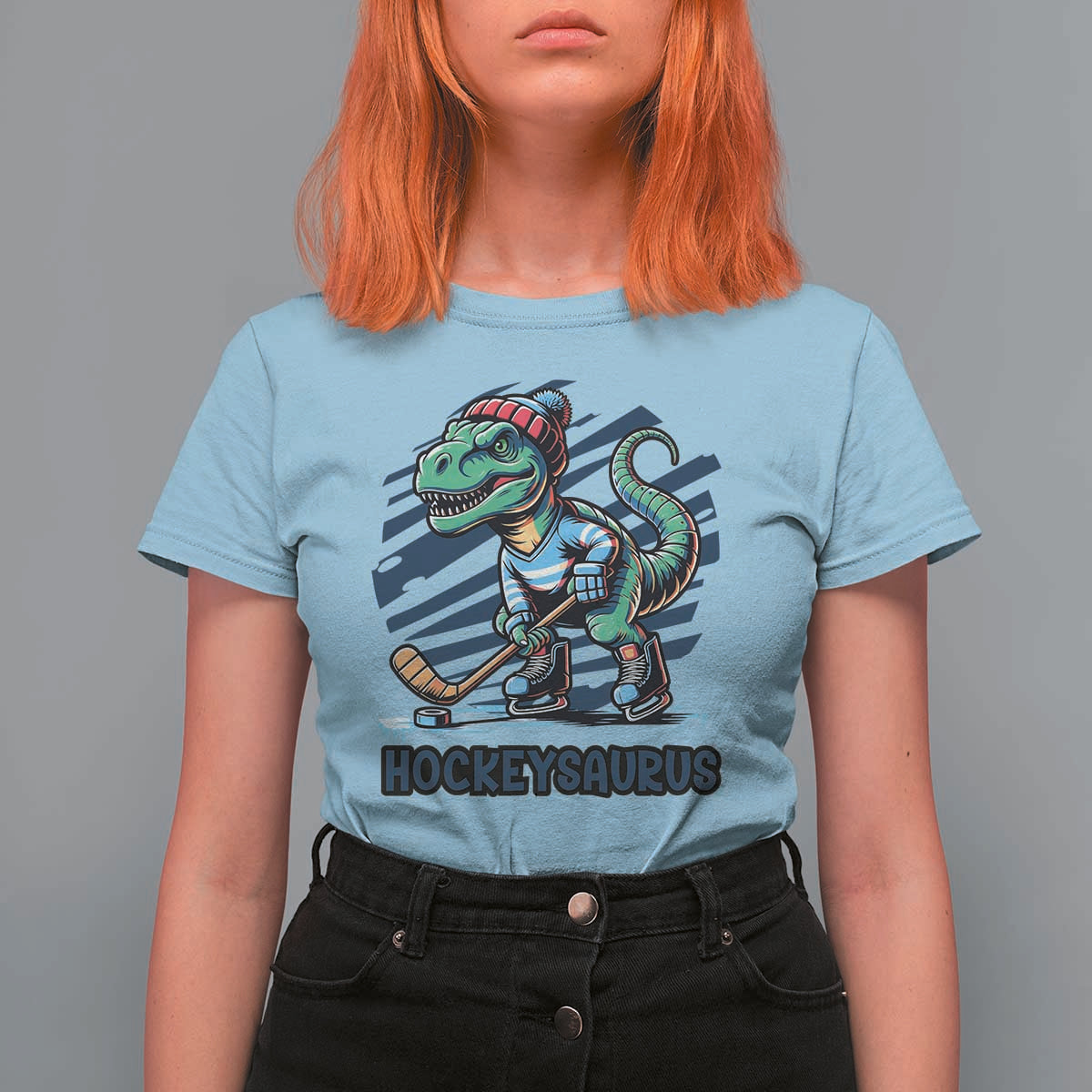 Funny Dinosaur Playing Ice Hockey T Shirt For Women Hockeysaurus Gift For Kids - Wonder Print Shop