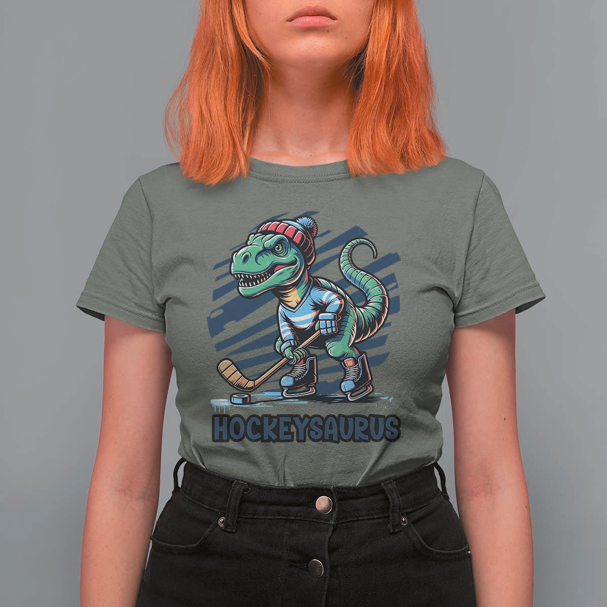 Funny Dinosaur Playing Ice Hockey T Shirt For Women Hockeysaurus Gift For Kids - Wonder Print Shop