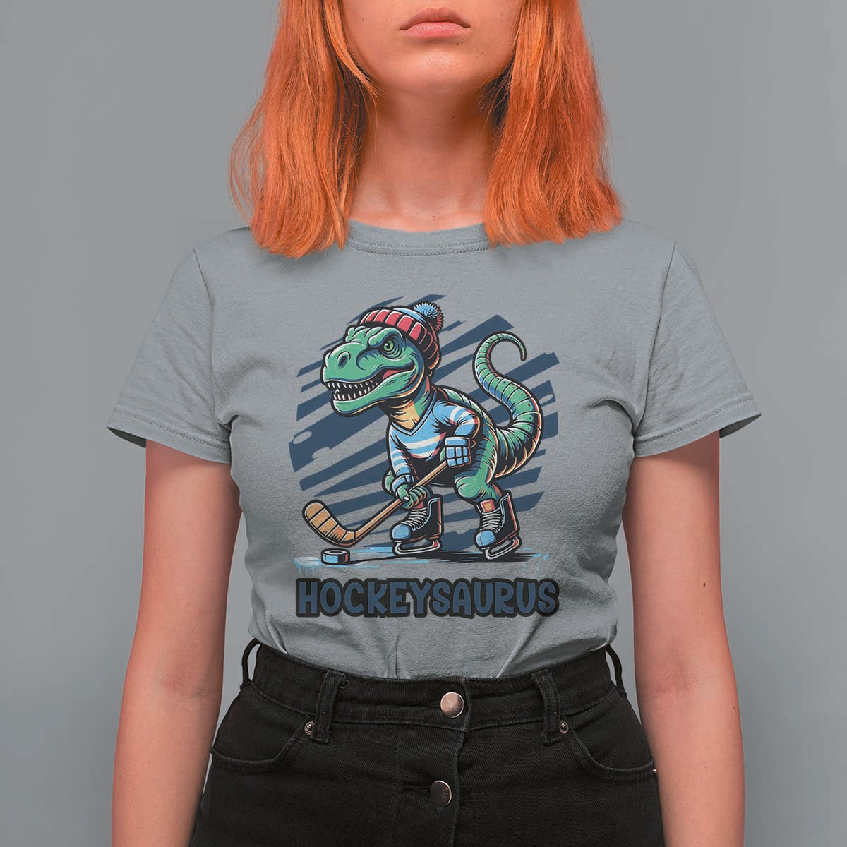 Funny Dinosaur Playing Ice Hockey T Shirt For Women Hockeysaurus Gift For Kids - Wonder Print Shop