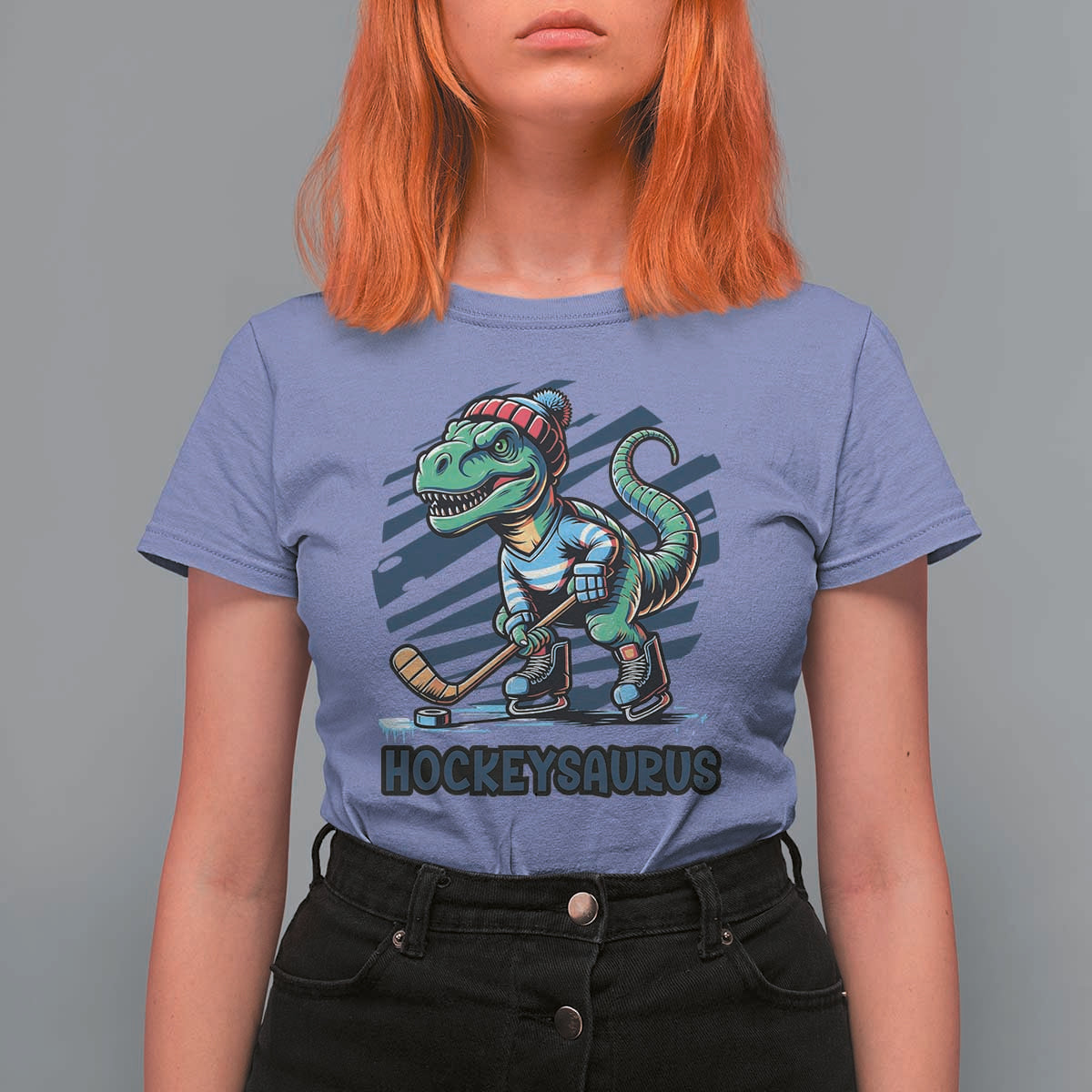 Funny Dinosaur Playing Ice Hockey T Shirt For Women Hockeysaurus Gift For Kids - Wonder Print Shop