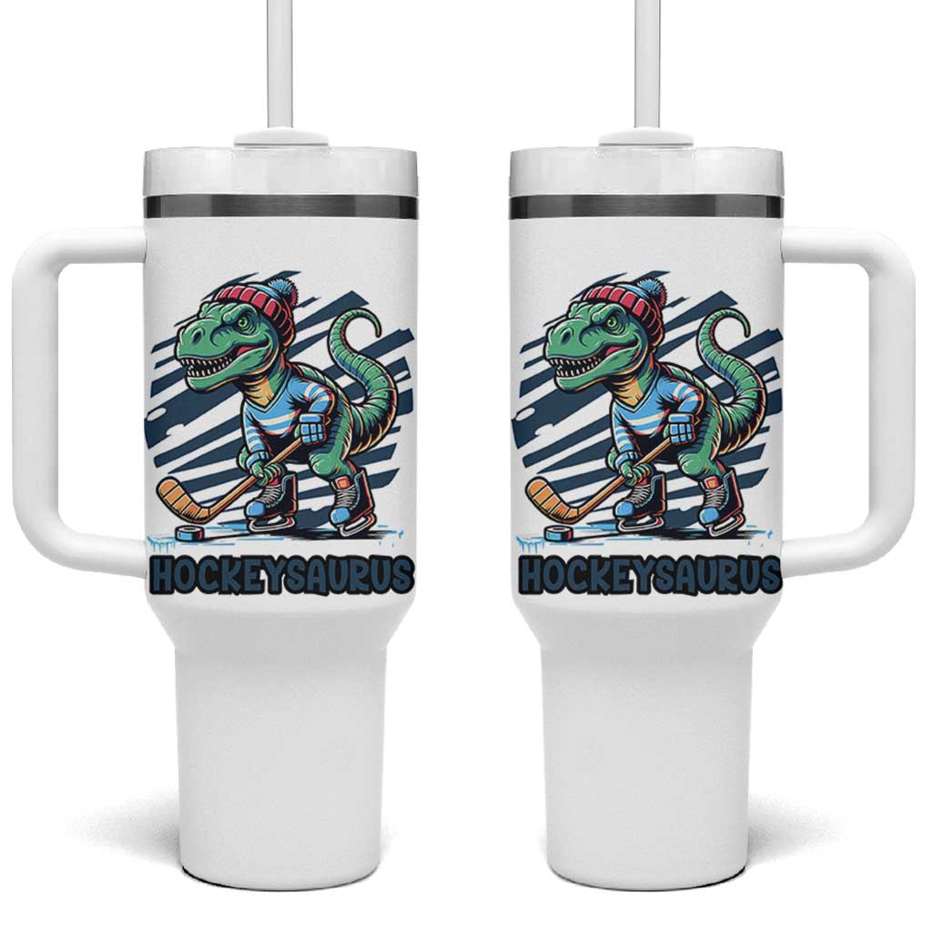 Funny Dinosaur Playing Ice Hockey Tumbler With Handle Hockeysaurus Gift For Kids - Wonder Print Shop