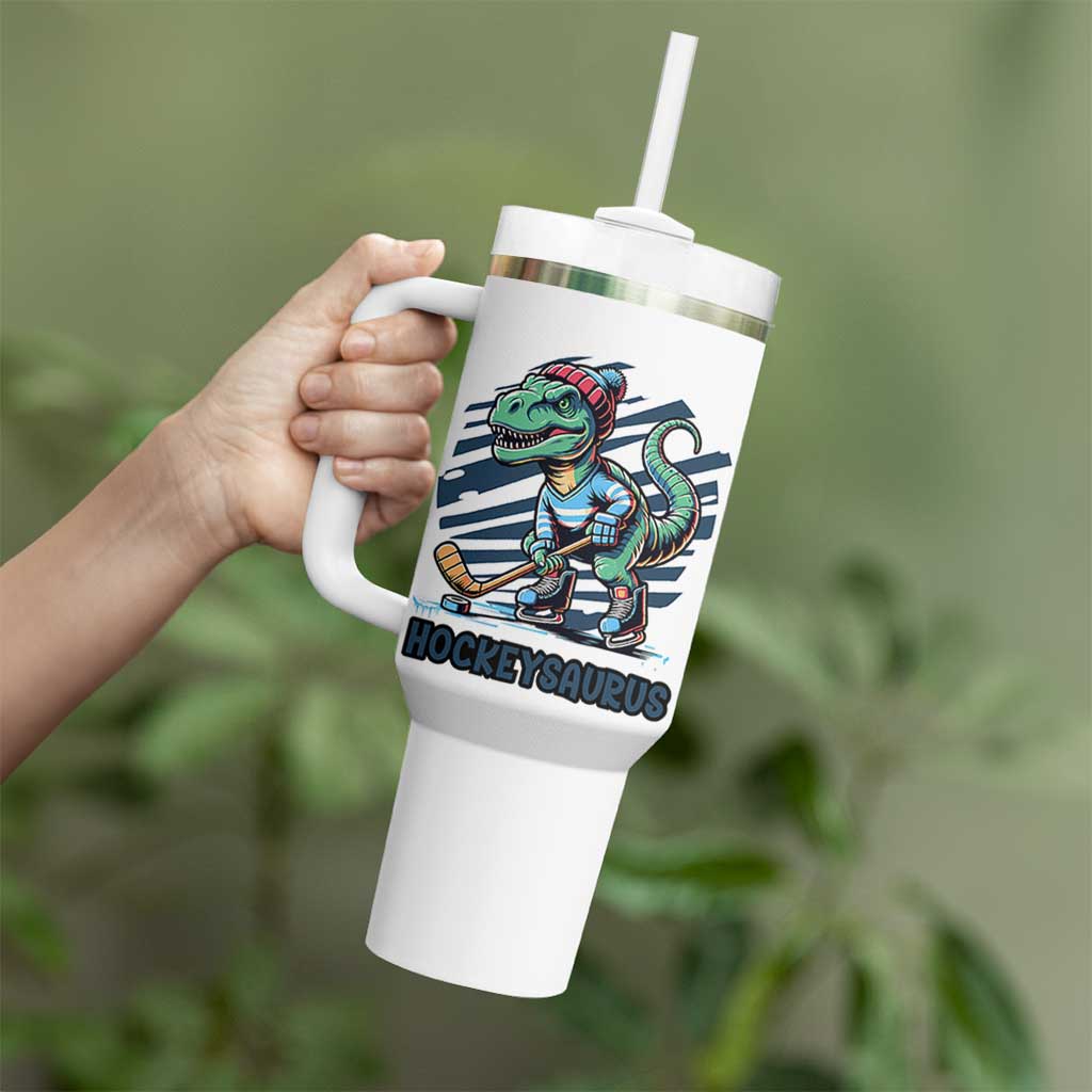 Funny Dinosaur Playing Ice Hockey Tumbler With Handle Hockeysaurus Gift For Kids - Wonder Print Shop