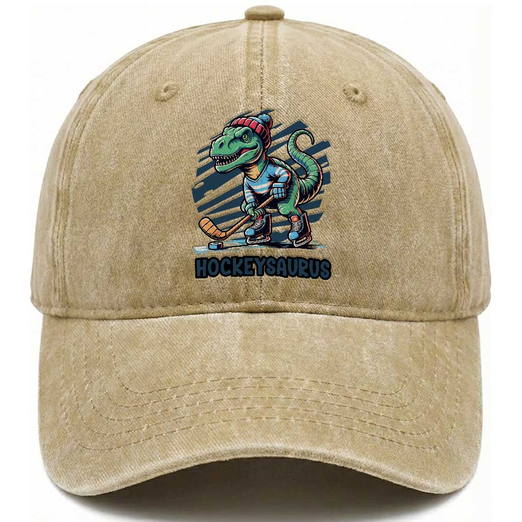 Funny Dinosaur Playing Ice Hockey Washed Cotton Baseball Cap Hockeysaurus Gift For Kids