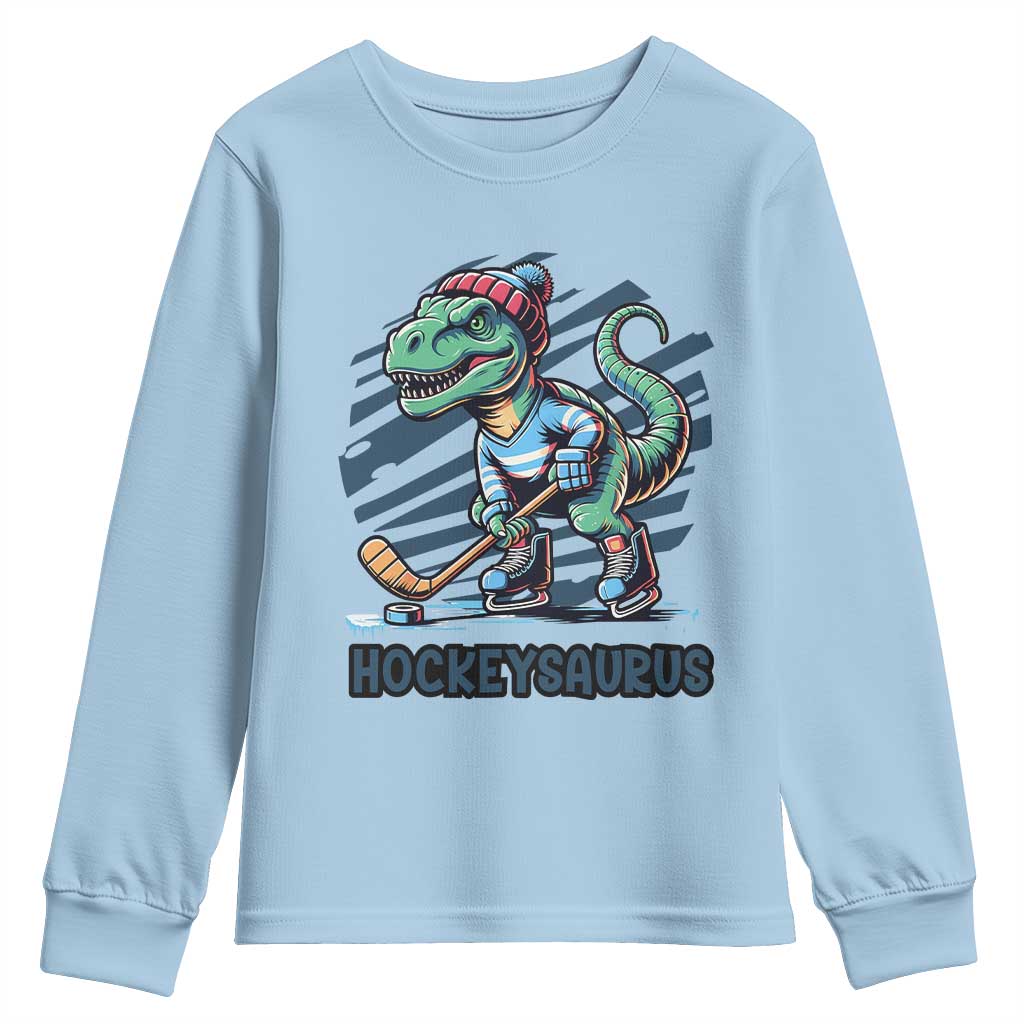 Funny Dinosaur Playing Ice Hockey Youth Sweatshirt Hockeysaurus Gift For Kids - Wonder Print Shop