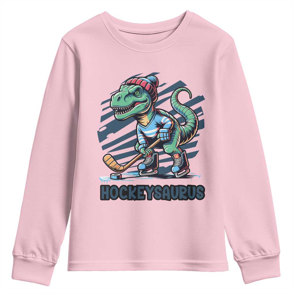 Funny Dinosaur Playing Ice Hockey Youth Sweatshirt Hockeysaurus Gift For Kids - Wonder Print Shop