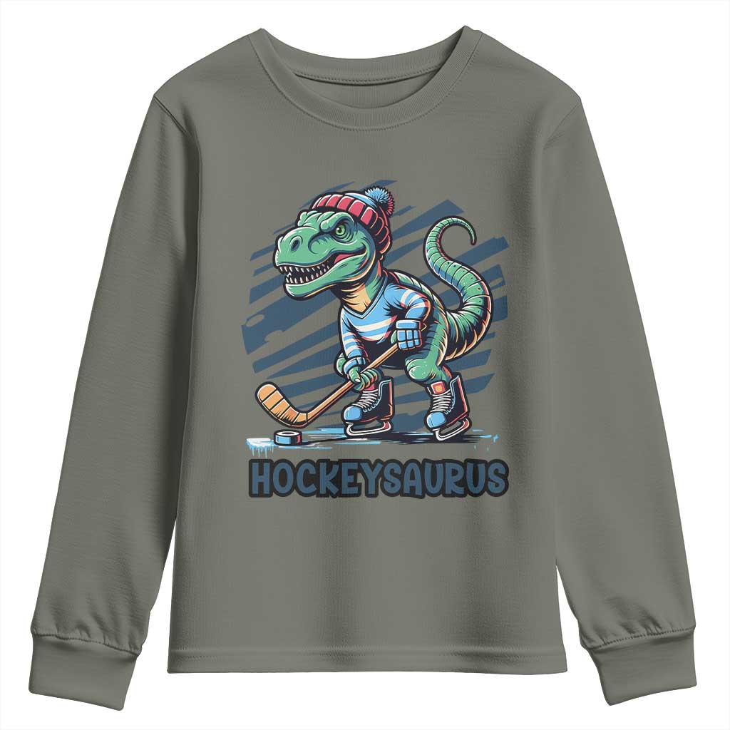 Funny Dinosaur Playing Ice Hockey Youth Sweatshirt Hockeysaurus Gift For Kids - Wonder Print Shop
