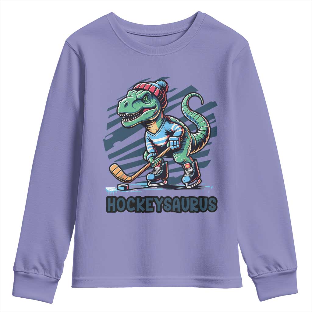 Funny Dinosaur Playing Ice Hockey Youth Sweatshirt Hockeysaurus Gift For Kids - Wonder Print Shop