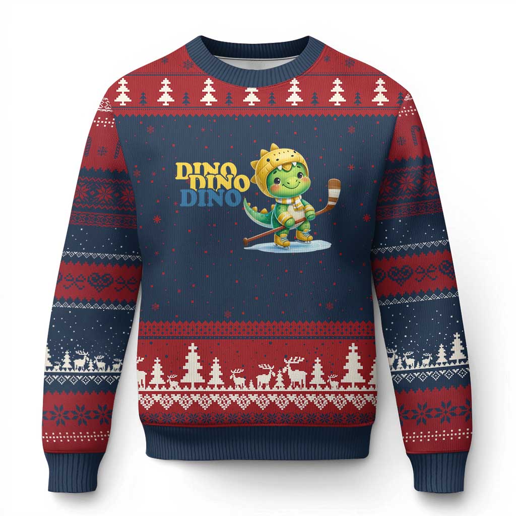 Funny Dinosaur Playing Ice Hockey Ugly Christmas Sweater Gift For Dino Lovers - Wonder Print Shop