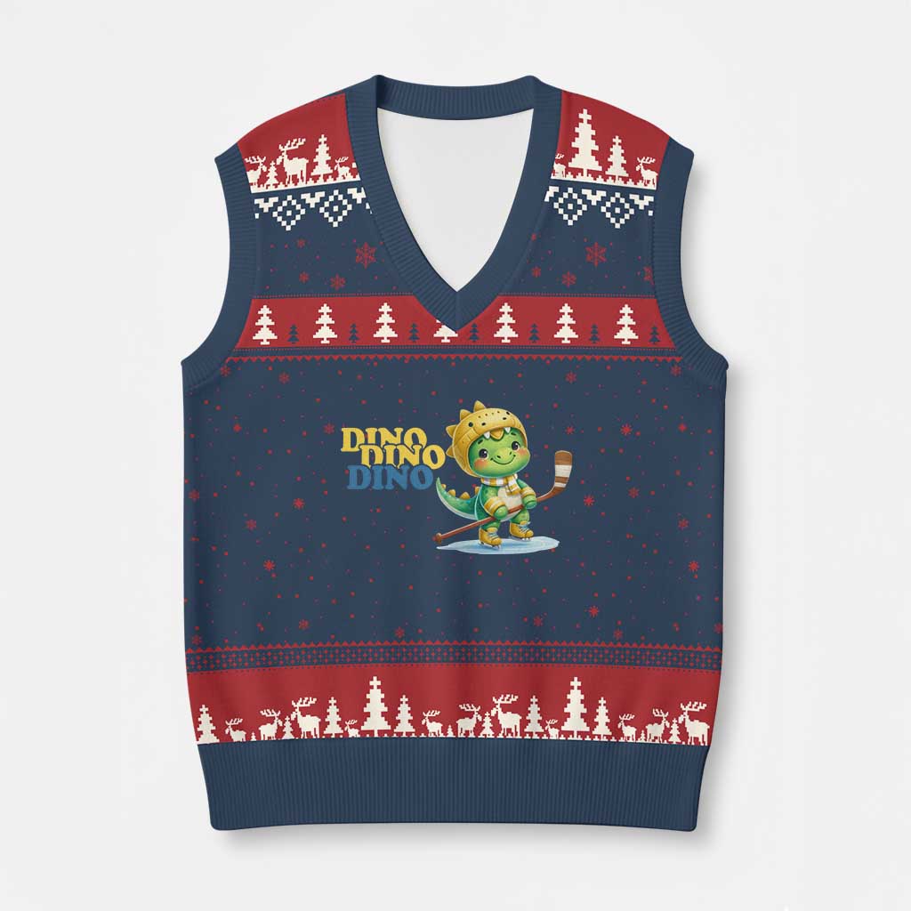 Funny Dinosaur Playing Ice Hockey V-Neck Knit Sweater Vest Gift For Dino Lovers - Wonder Print Shop