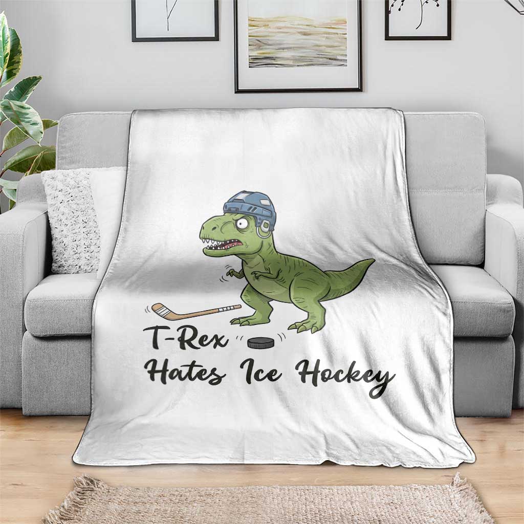 Dino Hates Ice Hockey Throw Blanket Funny Ice Sports Dinosaur Gift - Wonder Print Shop