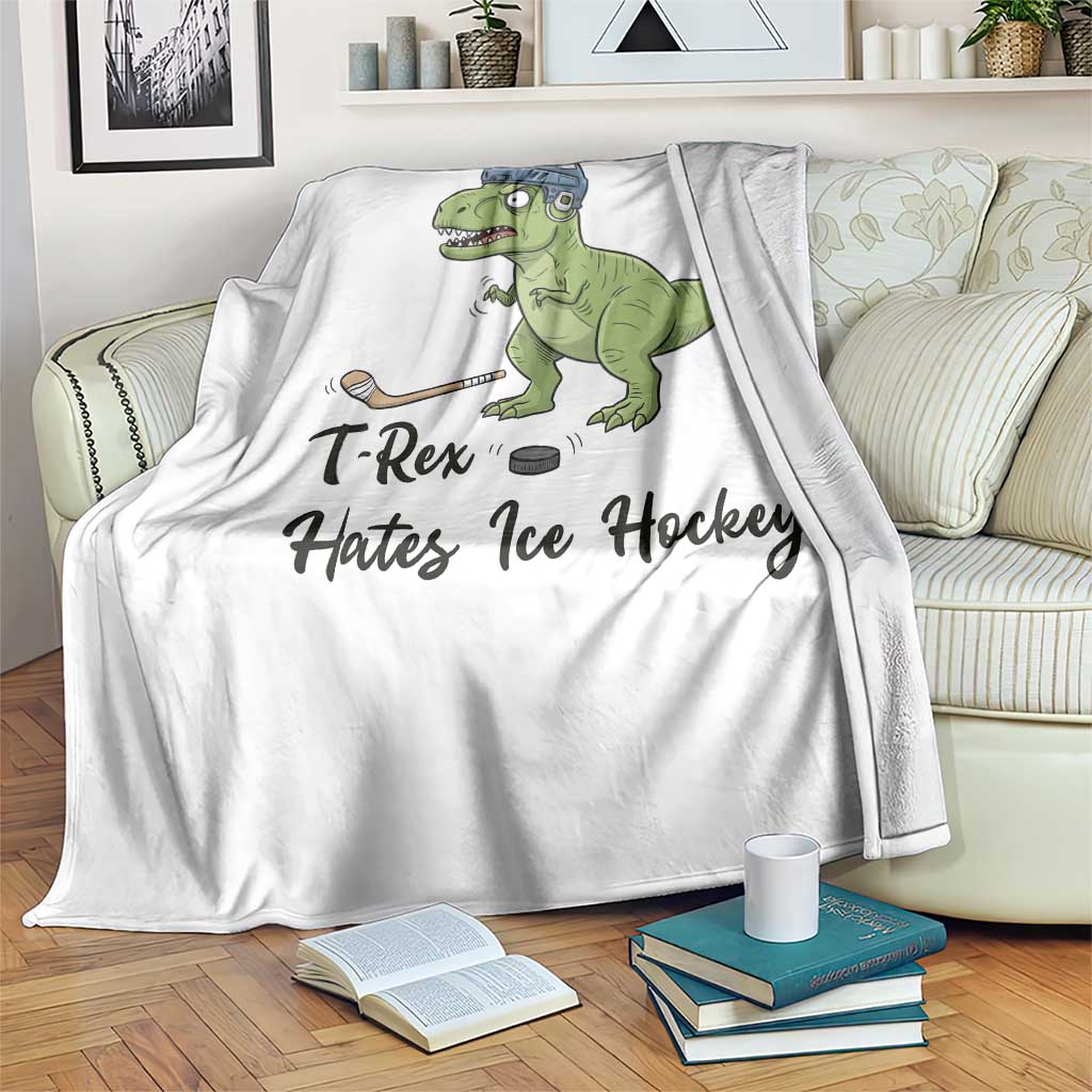 Dino Hates Ice Hockey Throw Blanket Funny Ice Sports Dinosaur Gift - Wonder Print Shop