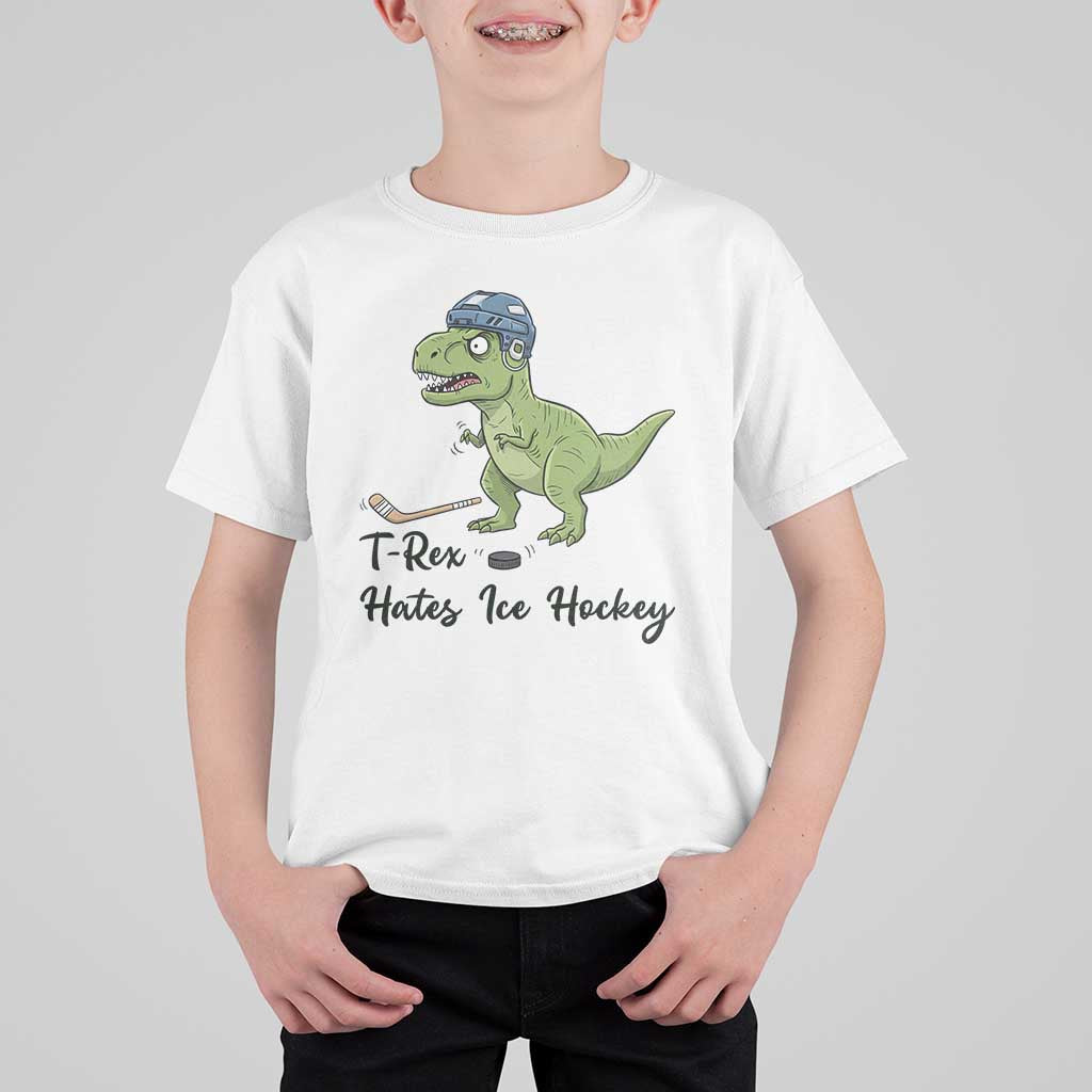 Dino Hates Ice Hockey T Shirt For Kid Funny Ice Sports Dinosaur Gift - Wonder Print Shop
