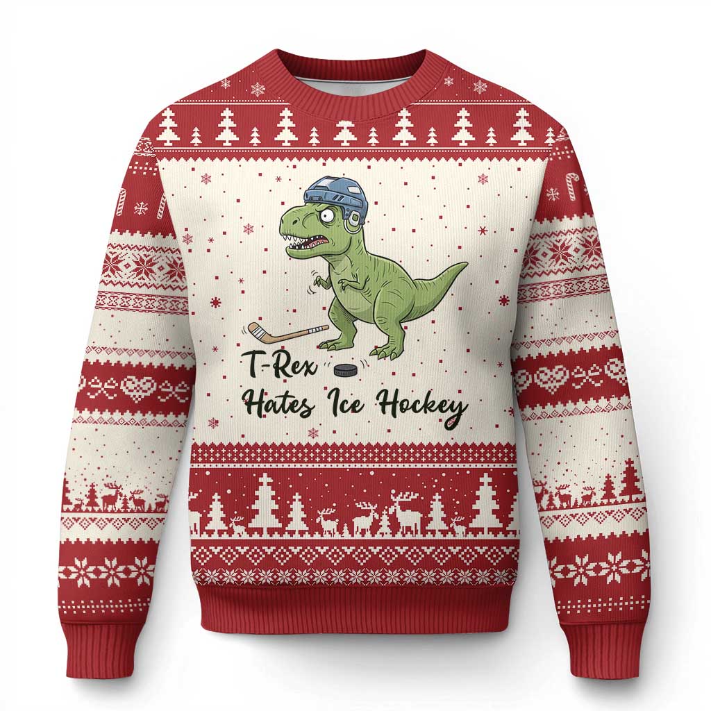Dino Hates Ice Hockey Ugly Christmas Sweater Funny Ice Sports Dinosaur Gift - Wonder Print Shop