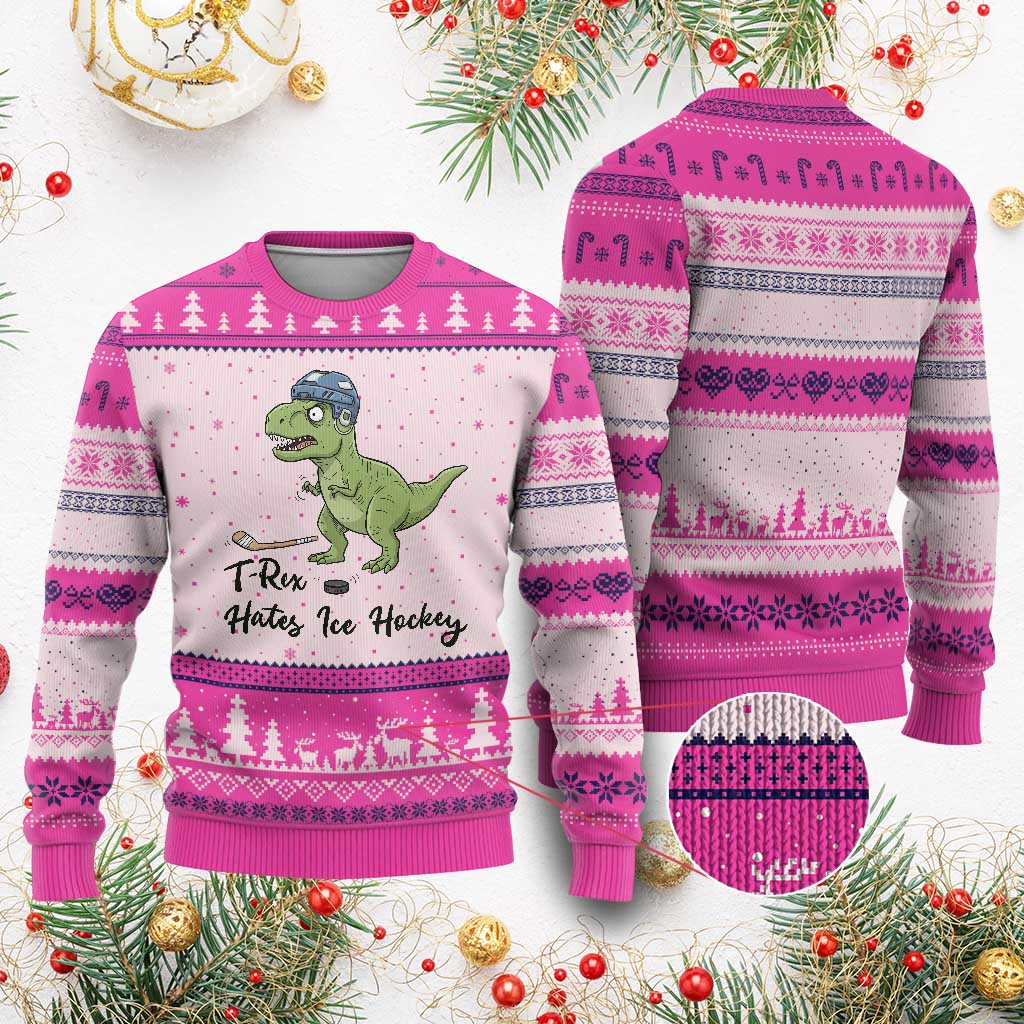 Dino Hates Ice Hockey Ugly Christmas Sweater Funny Ice Sports Dinosaur Gift - Wonder Print Shop