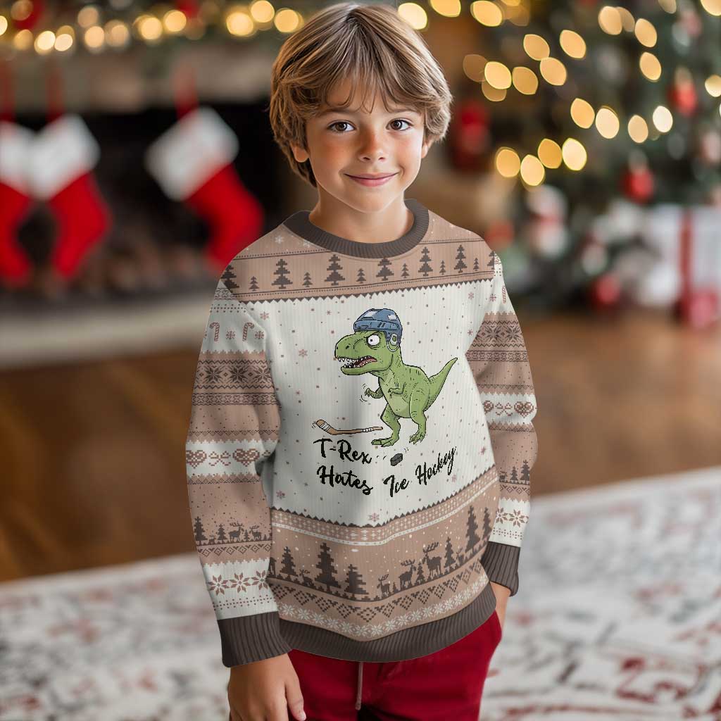 Dino Hates Ice Hockey Ugly Christmas Sweater Funny Ice Sports Dinosaur Gift - Wonder Print Shop