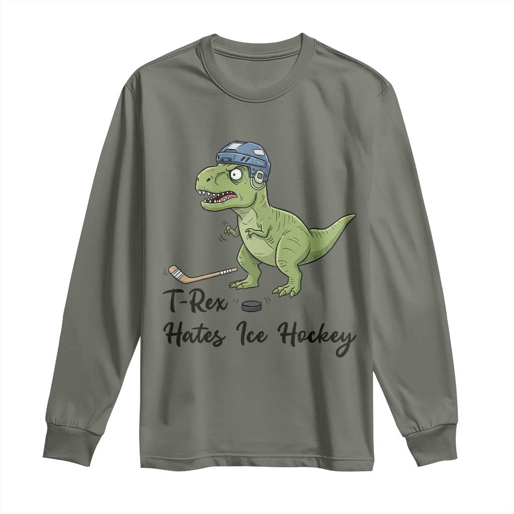 Dino Hates Ice Hockey Long Sleeve Shirt Funny Ice Sports Dinosaur Gift - Wonder Print Shop