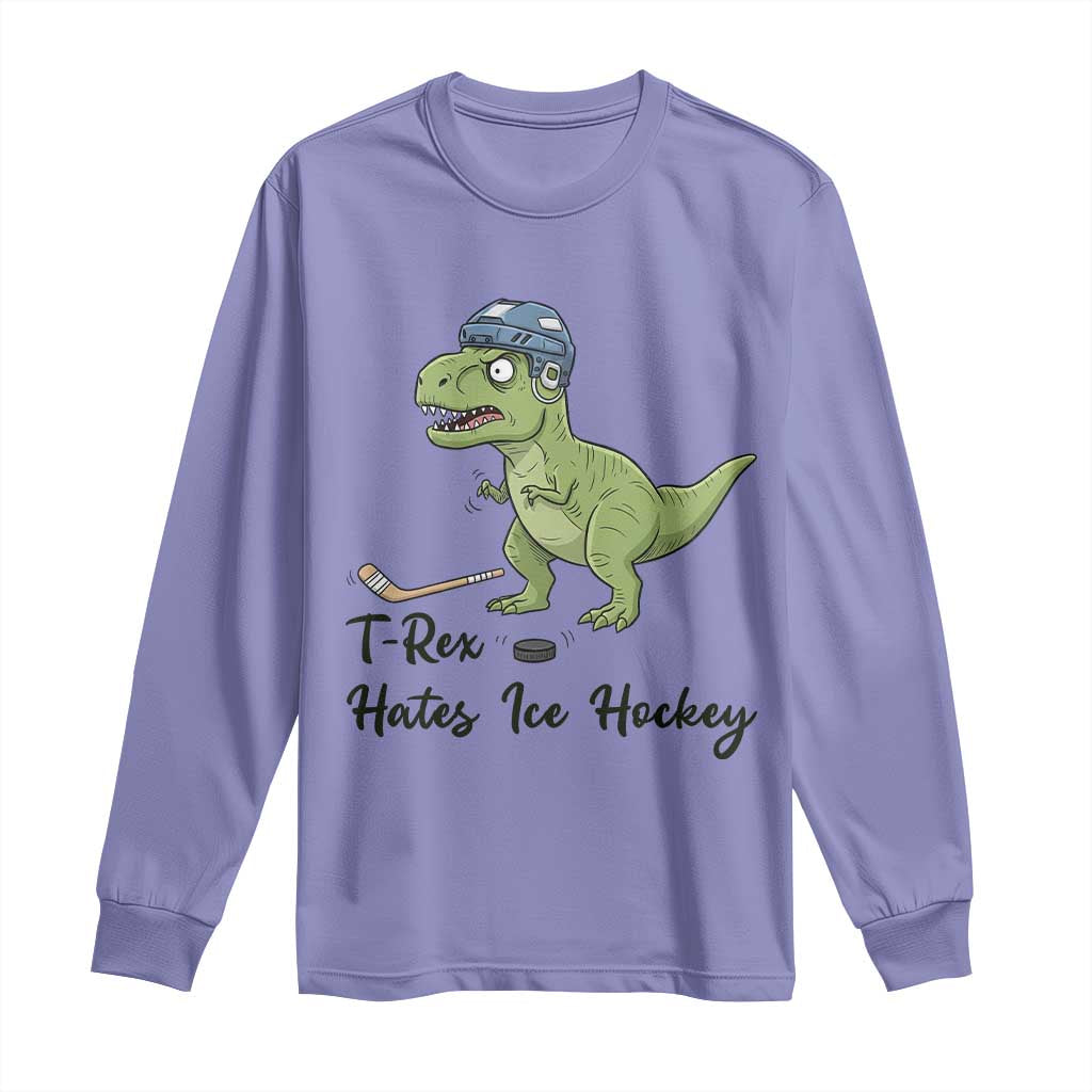 Dino Hates Ice Hockey Long Sleeve Shirt Funny Ice Sports Dinosaur Gift - Wonder Print Shop