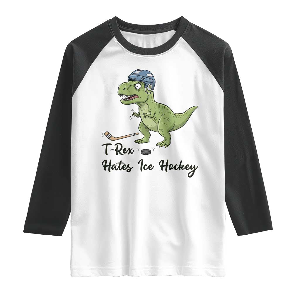 Dino Hates Ice Hockey Raglan Shirt Funny Ice Sports Dinosaur Gift - Wonder Print Shop