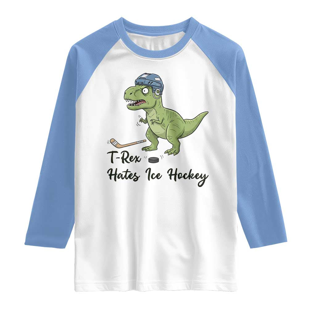 Dino Hates Ice Hockey Raglan Shirt Funny Ice Sports Dinosaur Gift - Wonder Print Shop