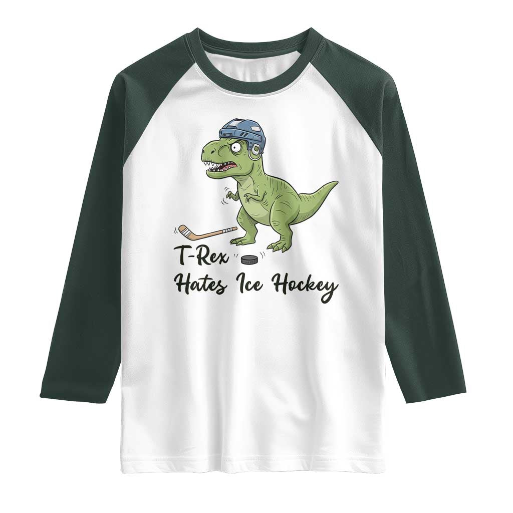 Dino Hates Ice Hockey Raglan Shirt Funny Ice Sports Dinosaur Gift - Wonder Print Shop