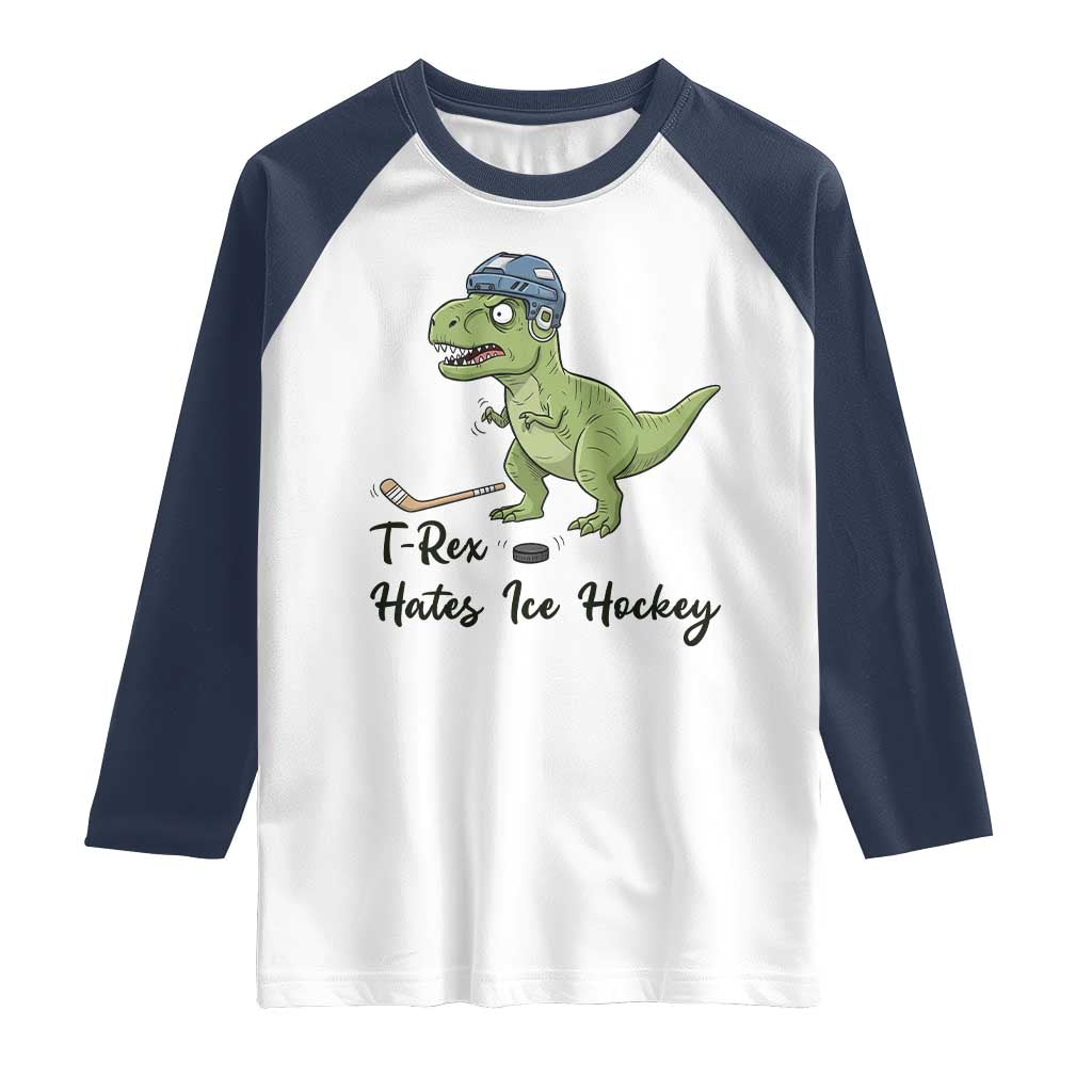 Dino Hates Ice Hockey Raglan Shirt Funny Ice Sports Dinosaur Gift - Wonder Print Shop