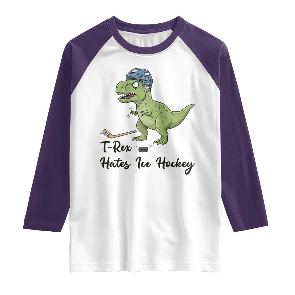 Dino Hates Ice Hockey Raglan Shirt Funny Ice Sports Dinosaur Gift - Wonder Print Shop