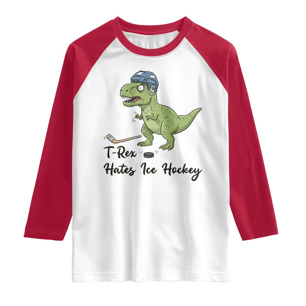 Dino Hates Ice Hockey Raglan Shirt Funny Ice Sports Dinosaur Gift - Wonder Print Shop