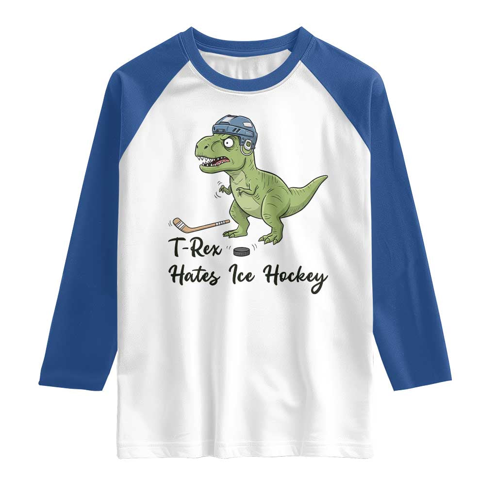 Dino Hates Ice Hockey Raglan Shirt Funny Ice Sports Dinosaur Gift - Wonder Print Shop