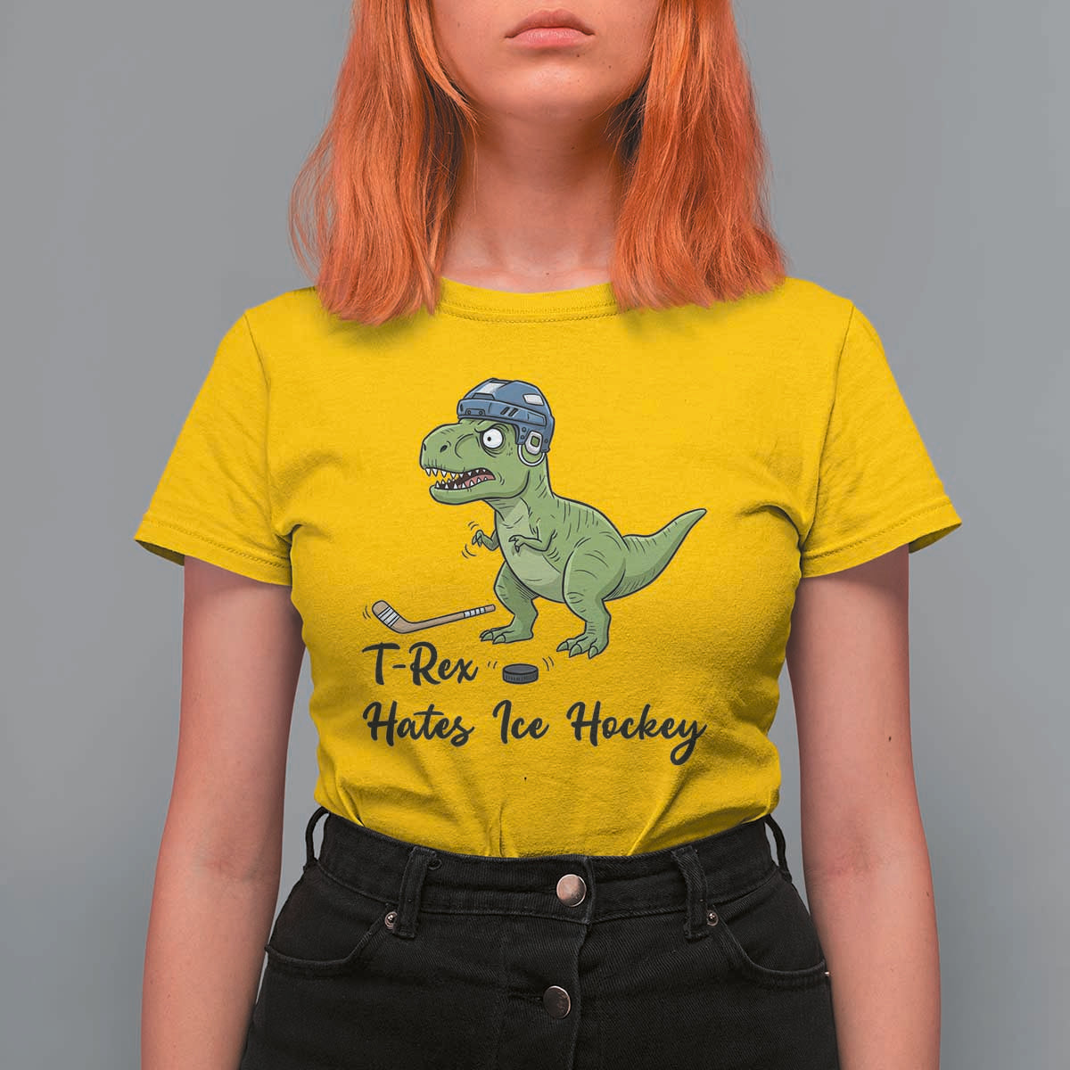 Dino Hates Ice Hockey T Shirt For Women Funny Ice Sports Dinosaur Gift - Wonder Print Shop