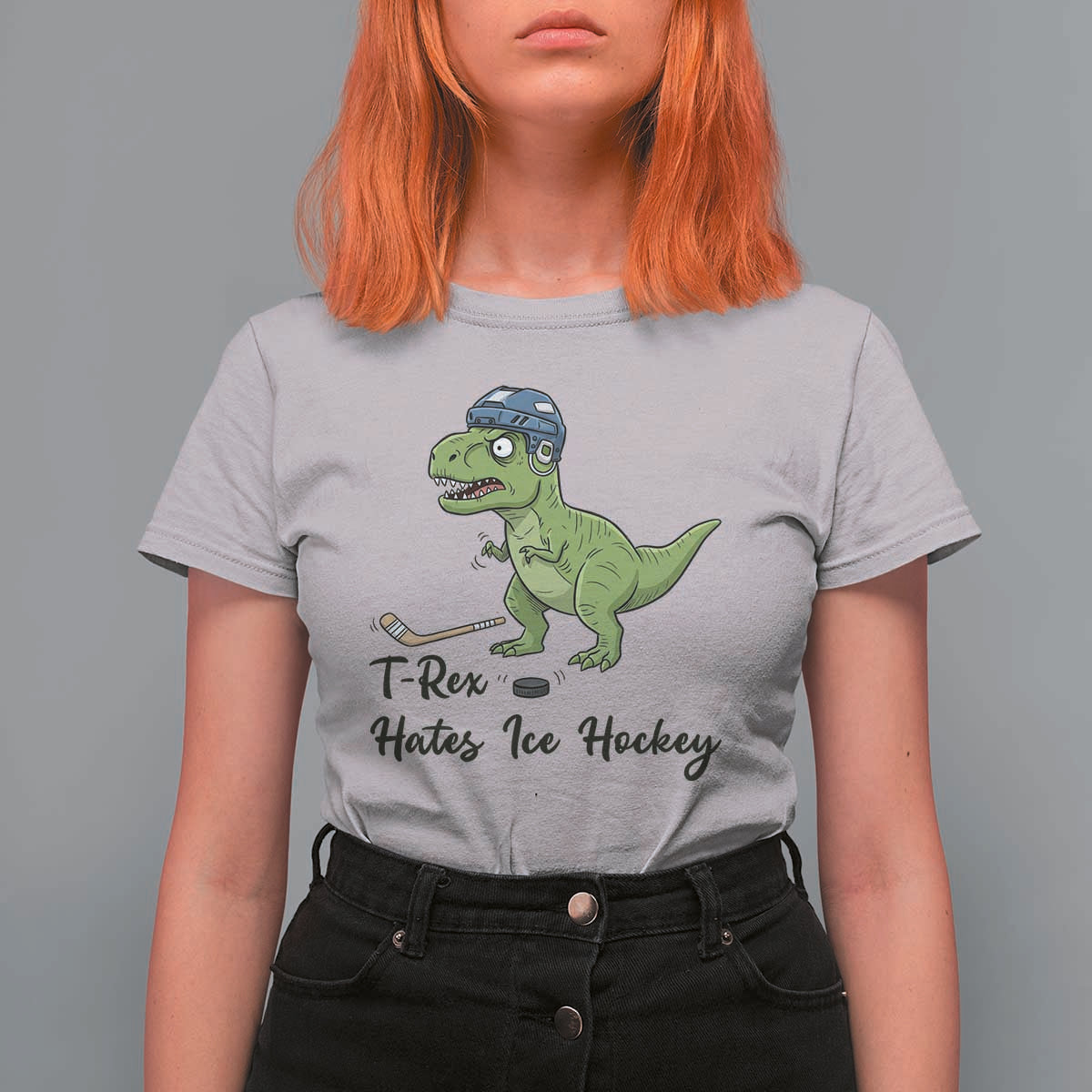 Dino Hates Ice Hockey T Shirt For Women Funny Ice Sports Dinosaur Gift - Wonder Print Shop
