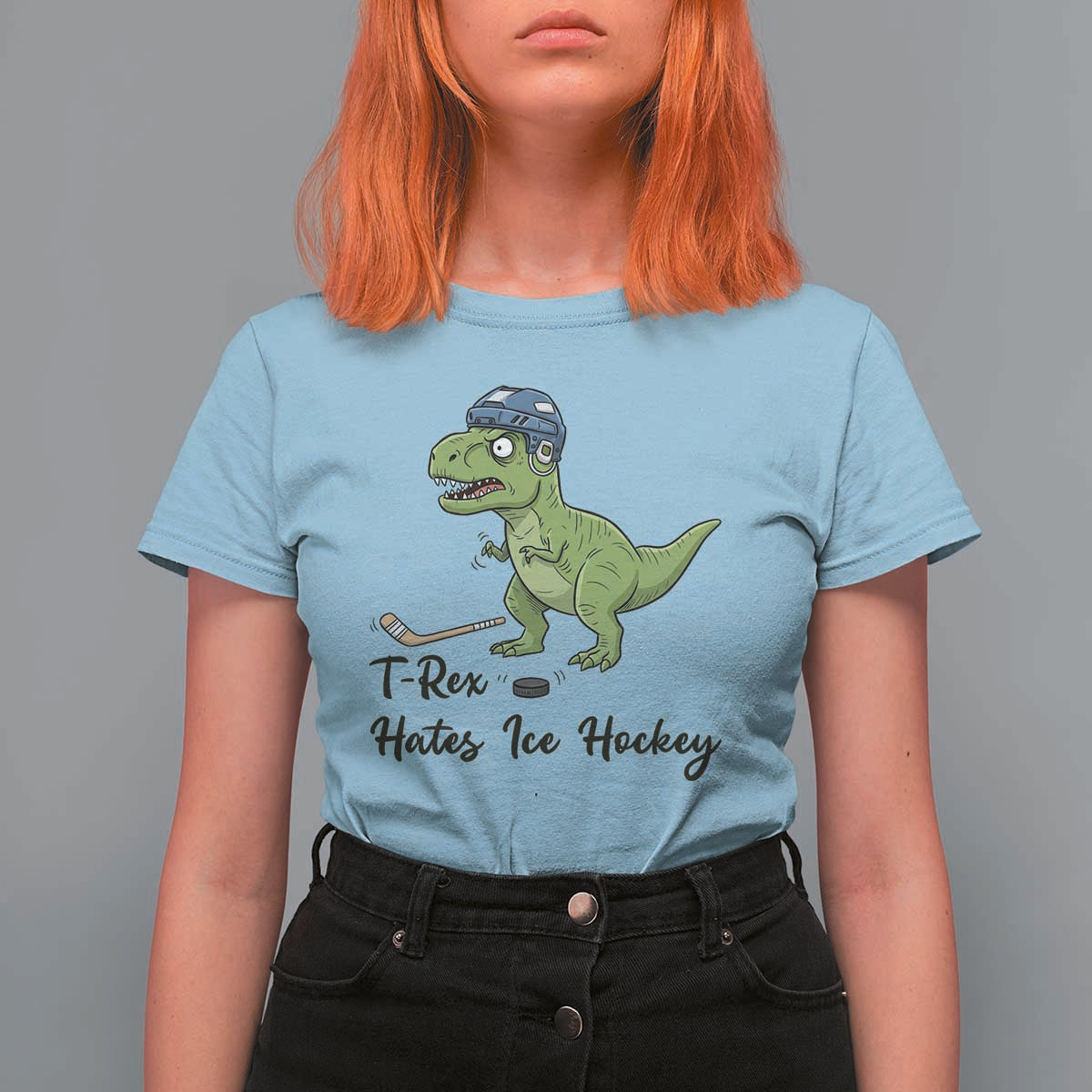 Dino Hates Ice Hockey T Shirt For Women Funny Ice Sports Dinosaur Gift - Wonder Print Shop