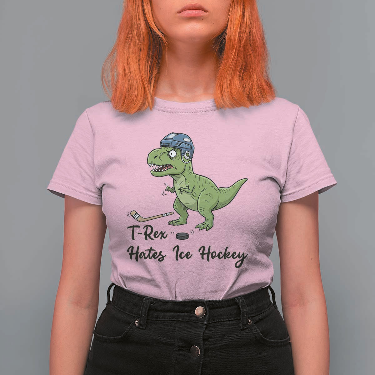 Dino Hates Ice Hockey T Shirt For Women Funny Ice Sports Dinosaur Gift - Wonder Print Shop