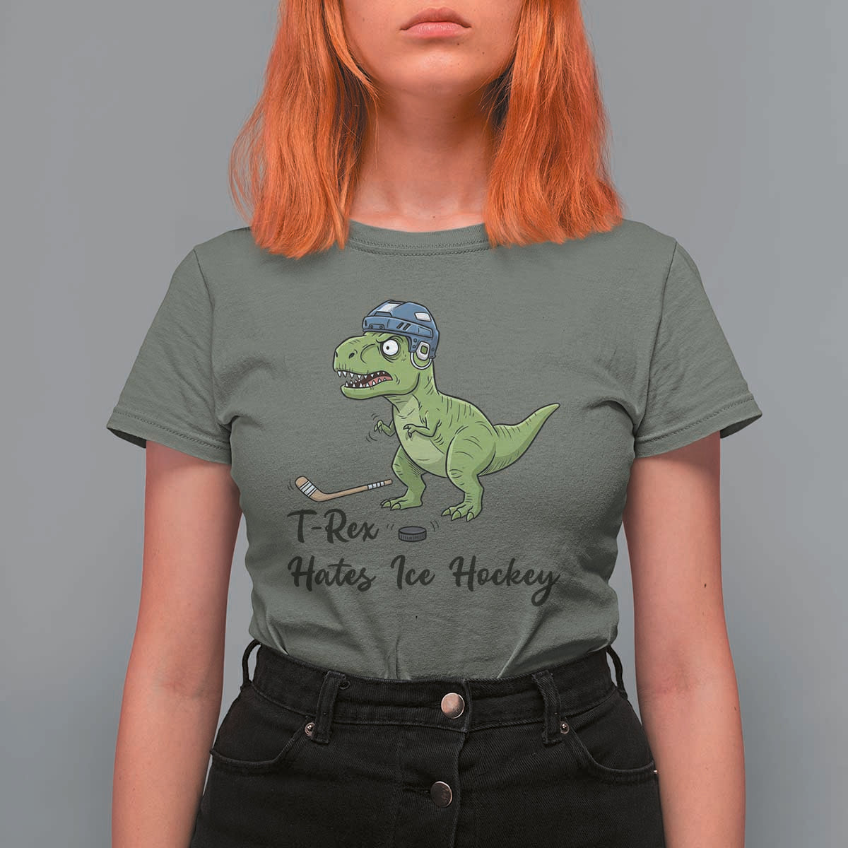 Dino Hates Ice Hockey T Shirt For Women Funny Ice Sports Dinosaur Gift - Wonder Print Shop