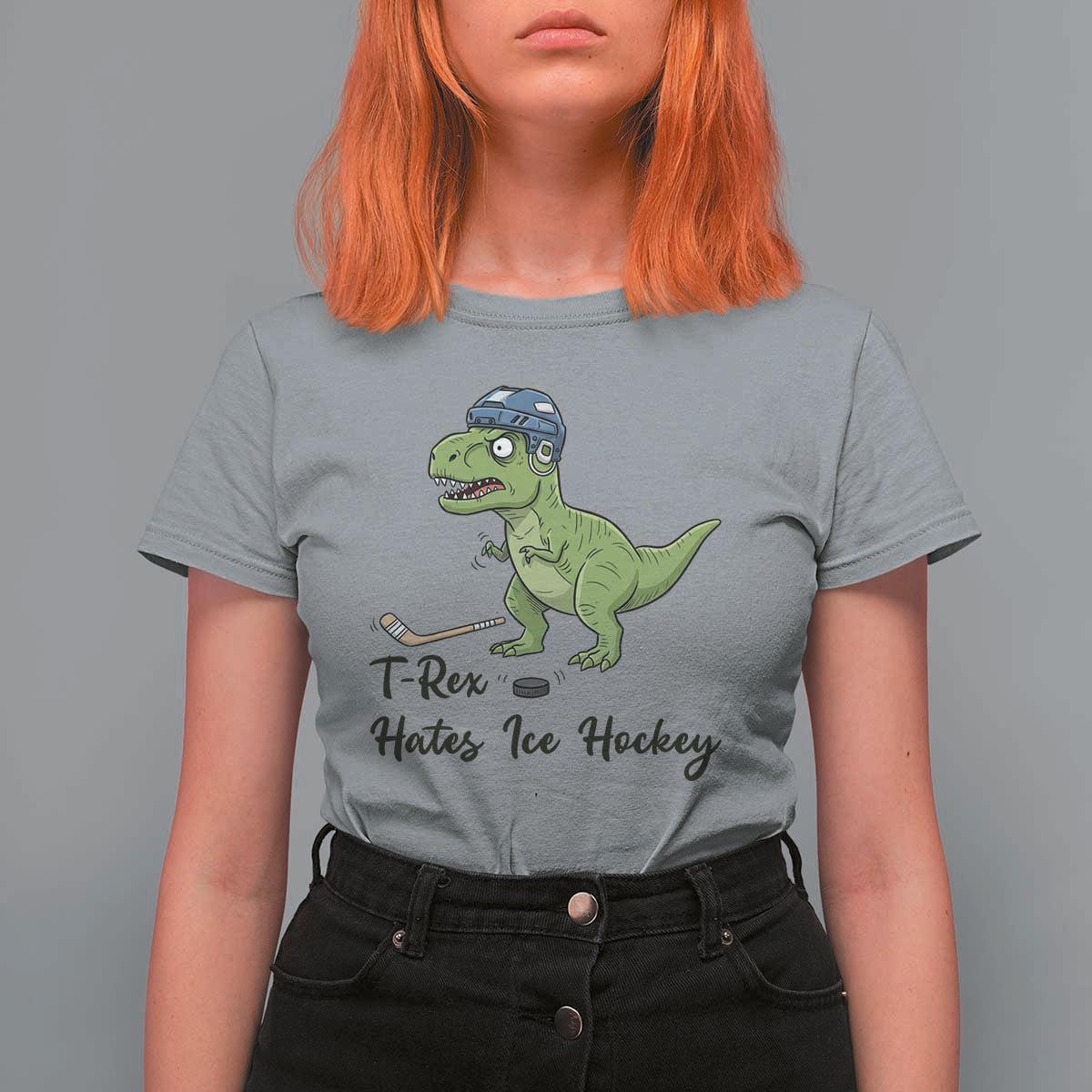 Dino Hates Ice Hockey T Shirt For Women Funny Ice Sports Dinosaur Gift - Wonder Print Shop