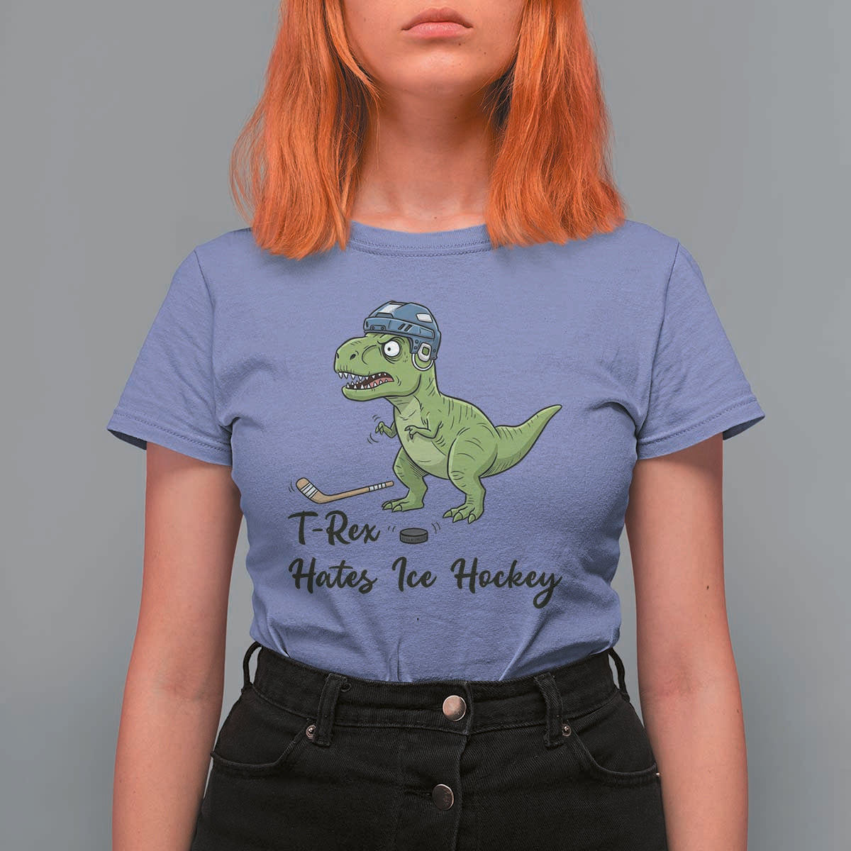 Dino Hates Ice Hockey T Shirt For Women Funny Ice Sports Dinosaur Gift - Wonder Print Shop