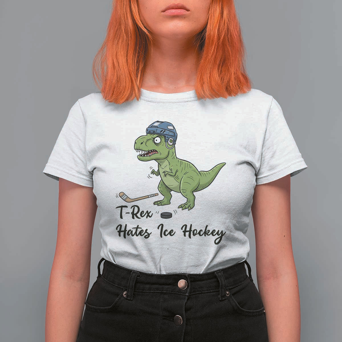 Dino Hates Ice Hockey T Shirt For Women Funny Ice Sports Dinosaur Gift - Wonder Print Shop
