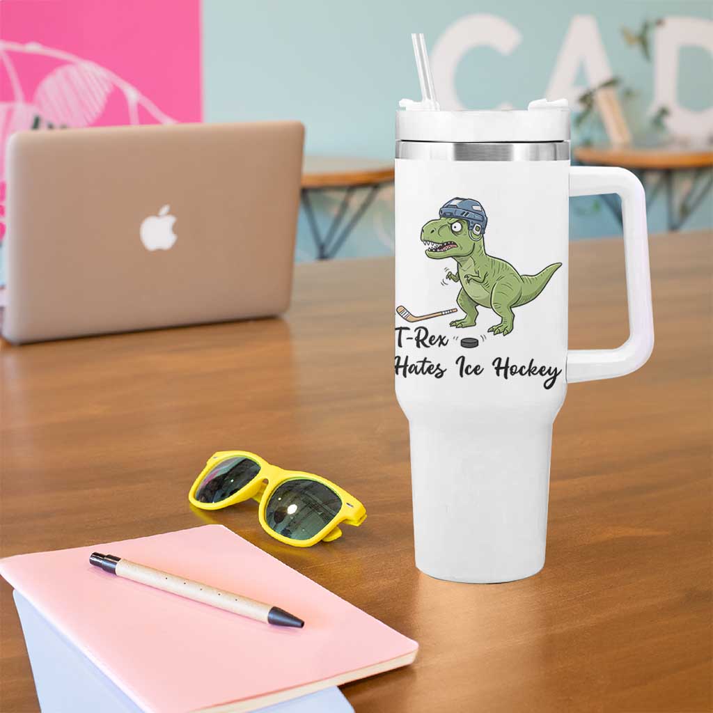 Dino Hates Ice Hockey Tumbler With Handle Funny Ice Sports Dinosaur Gift - Wonder Print Shop