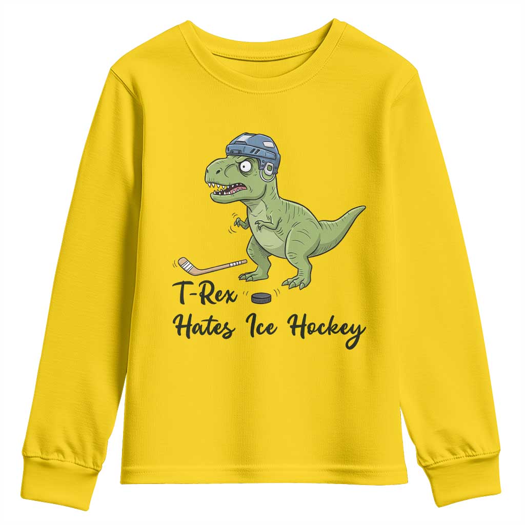 Dino Hates Ice Hockey Youth Sweatshirt Funny Ice Sports Dinosaur Gift - Wonder Print Shop