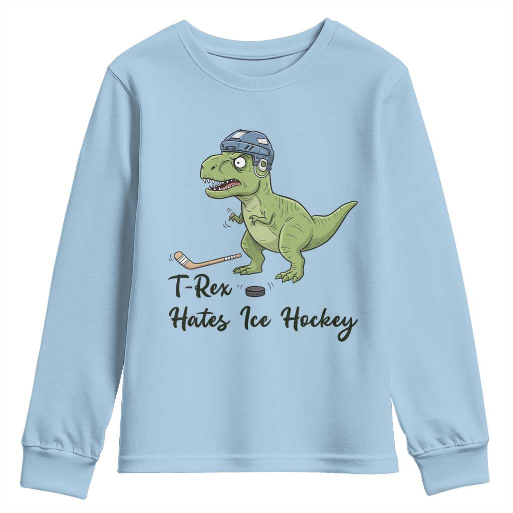 Dino Hates Ice Hockey Youth Sweatshirt Funny Ice Sports Dinosaur Gift - Wonder Print Shop
