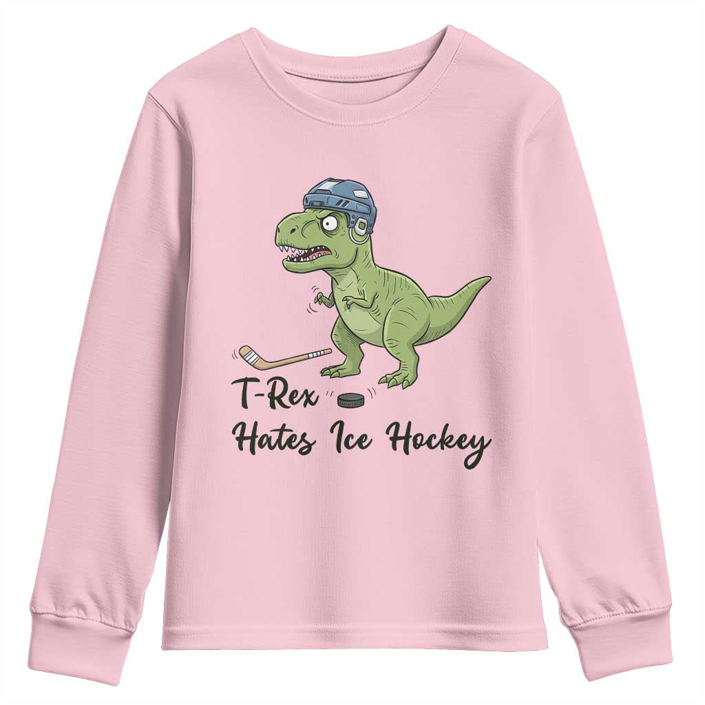 Dino Hates Ice Hockey Youth Sweatshirt Funny Ice Sports Dinosaur Gift - Wonder Print Shop
