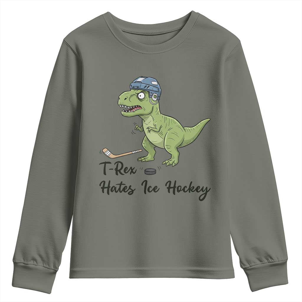 Dino Hates Ice Hockey Youth Sweatshirt Funny Ice Sports Dinosaur Gift - Wonder Print Shop