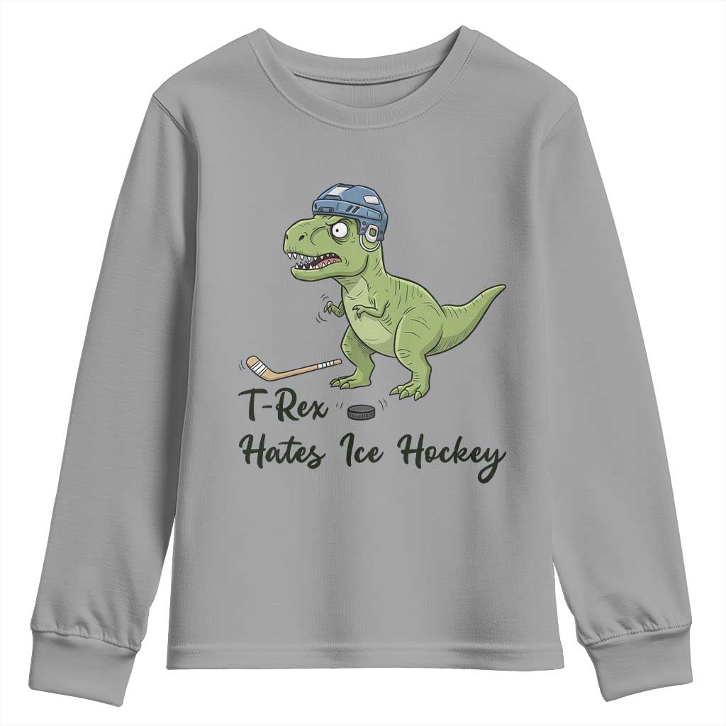 Dino Hates Ice Hockey Youth Sweatshirt Funny Ice Sports Dinosaur Gift - Wonder Print Shop