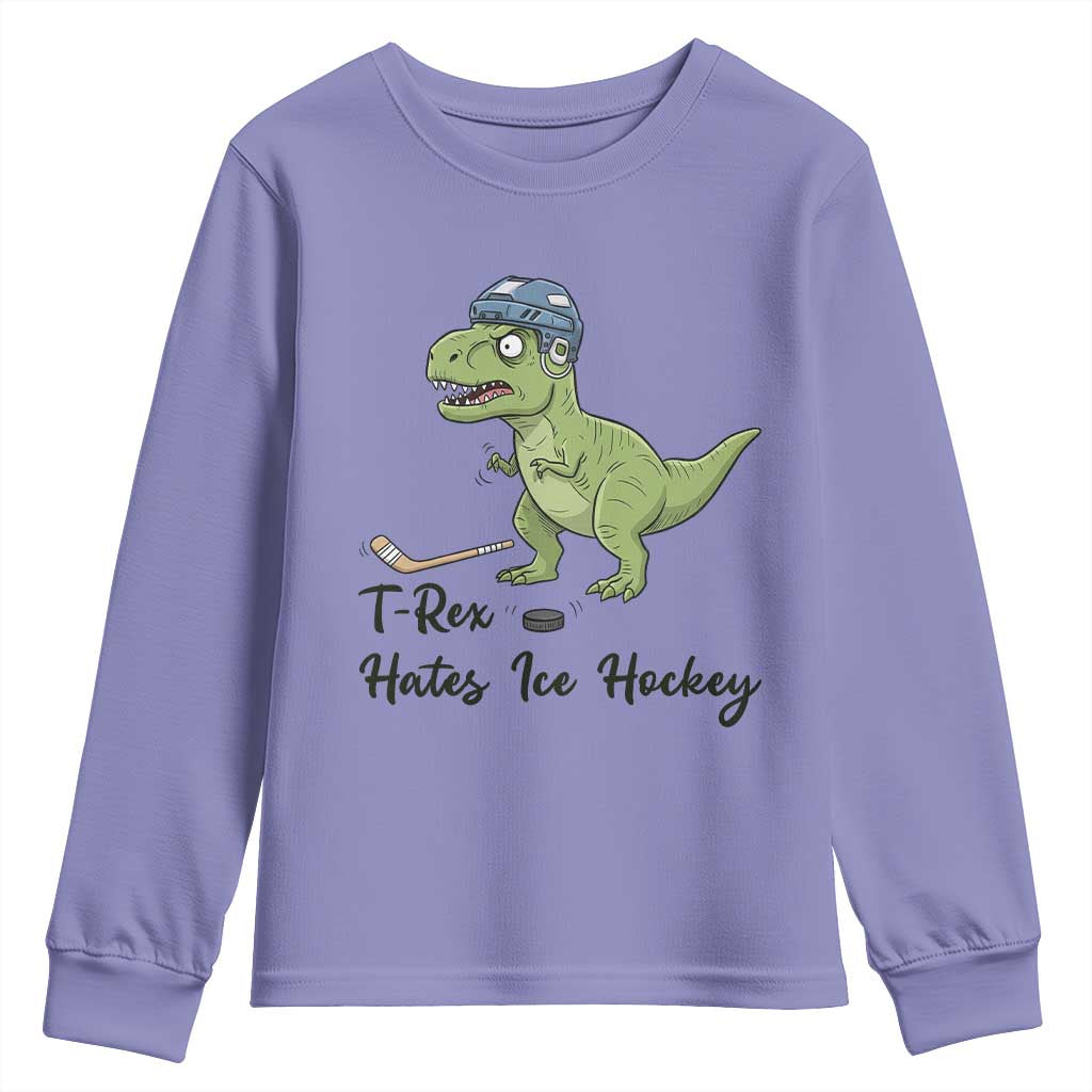 Dino Hates Ice Hockey Youth Sweatshirt Funny Ice Sports Dinosaur Gift - Wonder Print Shop